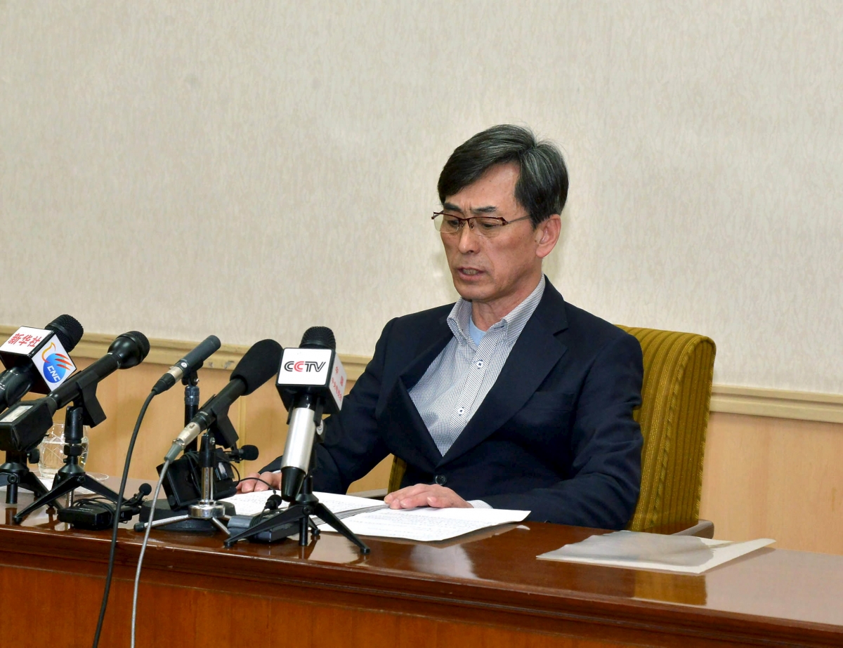 One of the two men whom North Korea identified as being South Korean and accused of being a spy for South Korea attends a news conference in Pyongyang, in this undated photo released by North Korea's Korean Central News Agency (KCNA) in Pyongyang March 26, 2015. North Korea arrests South korean spies