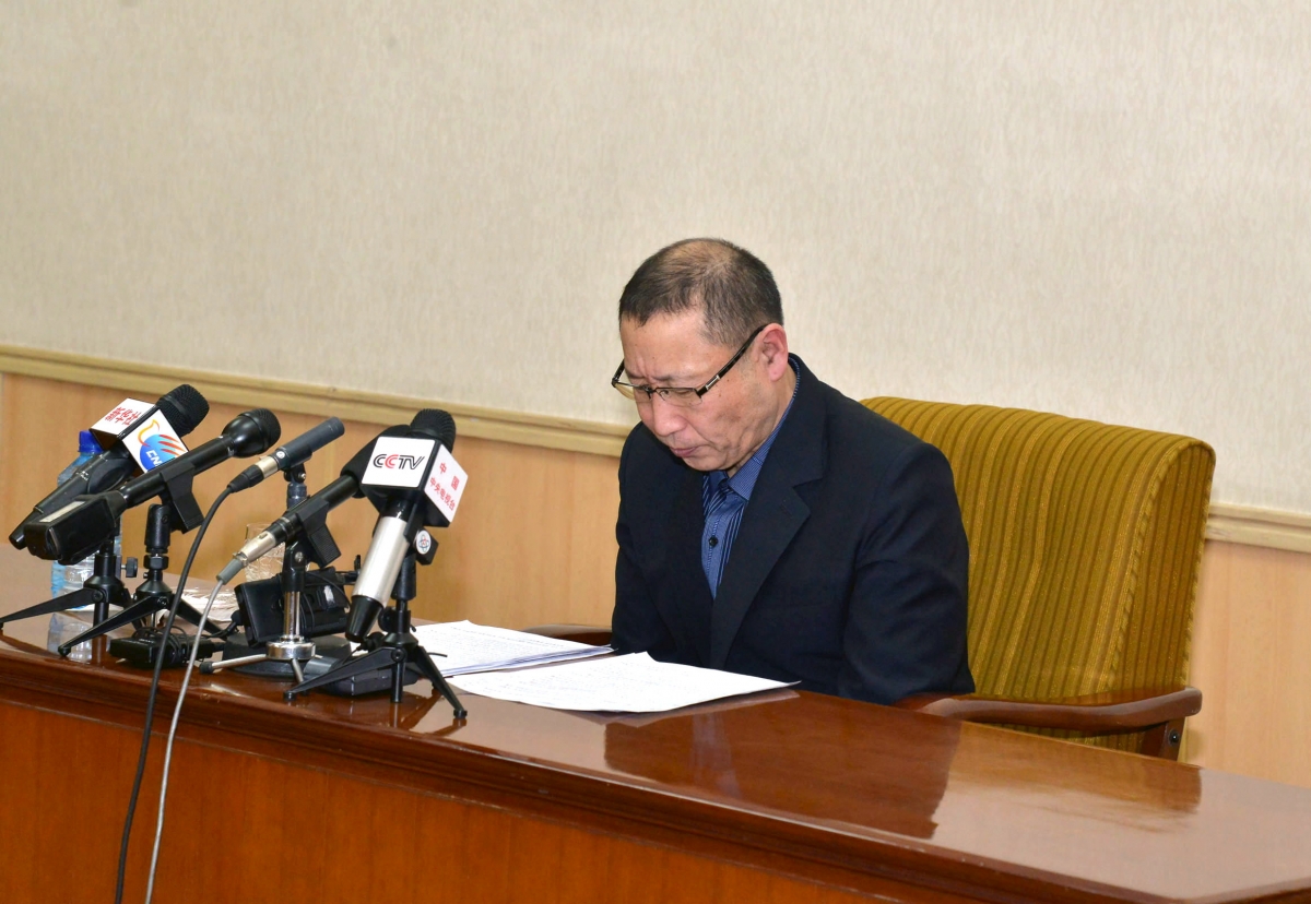 One of the two men whom North Korea identified as being South Korean and accused of being a spy for South Korea attends a news conference in Pyongyang, in this undated photo released by North Korea's Korean Central News Agency (KCNA) in Pyongyang March 26, 2015. North Korea arrests South korean spies
