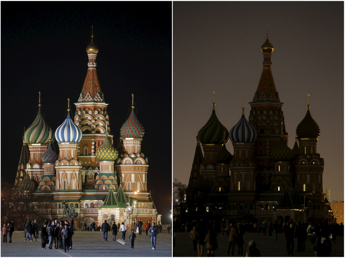 A combination picture shows St. Basil's Cathedral before (L) and during Earth Hour in Moscow March 28, 2015. Earth Hour, when everyone around the world is asked to turn off lights for an hour from 8.30 p.m. local time, is meant as a show of support for tougher action to confront climate change Earth Hour 2015