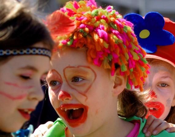 Children celebrate April Fool's Day in an annual parade in Skopje, Macedonia