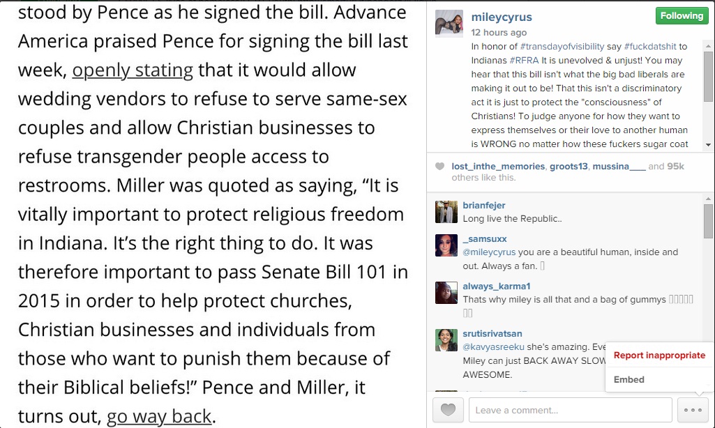 Aphoto posted by Miley Cyrus on Insatgram to explain the campaign to her fans. Miley Cyrus