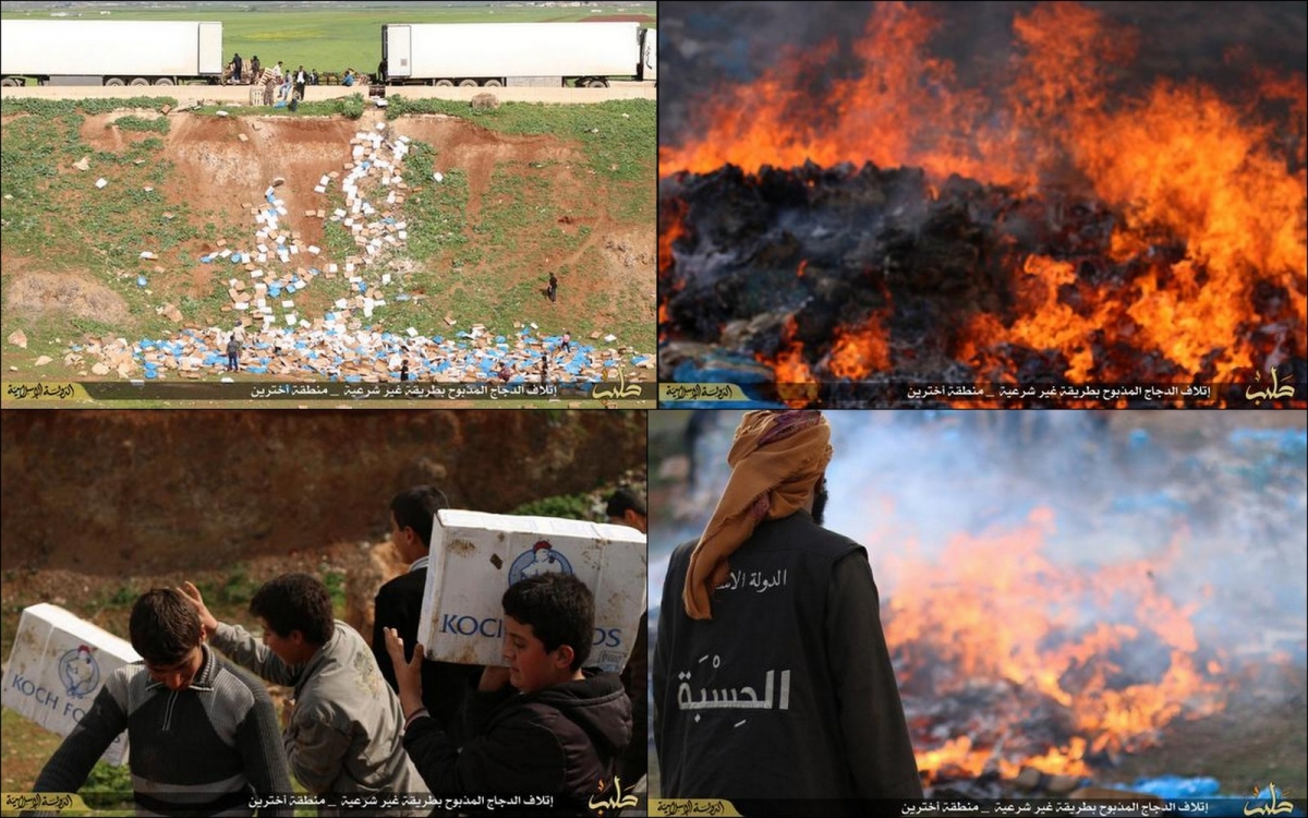 Isis Hisba police seized two trucks full of chicken and destroyed them. Isis Hisba police seized two trucks full of chicken and destroyed them.