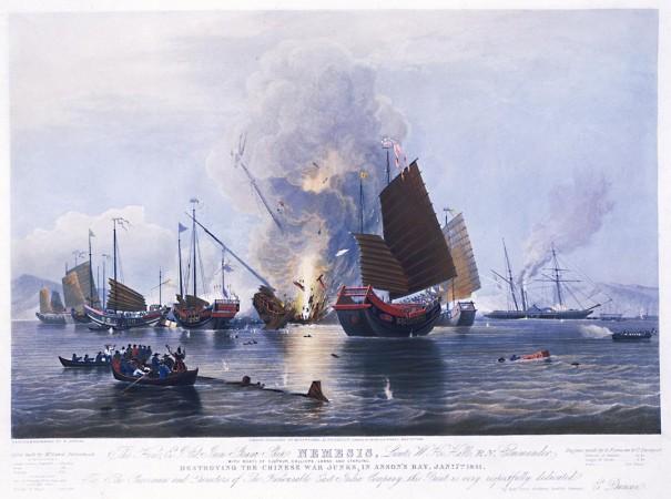 The East India Company iron steam ship Nemesis, commanded by Lieutenant W. H. Hall, with boats from the Sulphur, Calliope, Larne and Starling, destroying the Chinese war junks in Anson's Bay, on 7 January 1841. China's Opium War