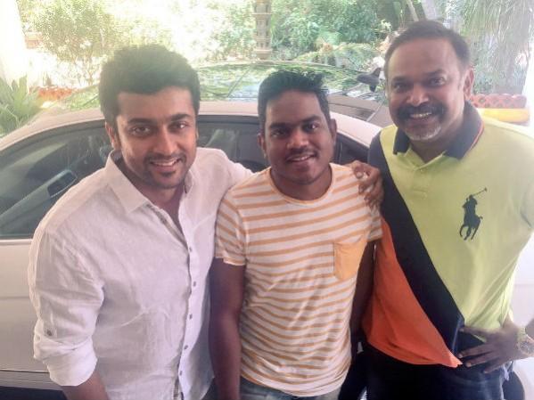 A picture of Yuvan Shankar Raja, Surya and Venkat Prabhu. Yuvan with Surya and Venkat Prabhu