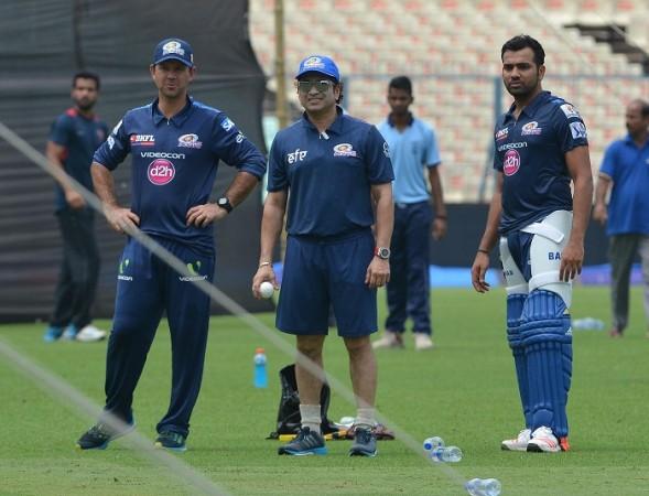 Mumbai Indians coach Ricky Ponting, team icon Sachin Tendulkar and skipper Rohit Sharma discuss strategy during a training session Ricky Ponting Sachin Tendulkar Rohit Sharma Mumbai Indians