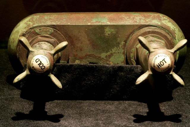 A pair of water bath valves is on display at the The Titanic Remains