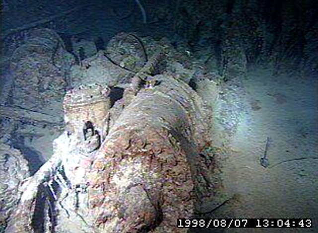 Wreckage from the Titanic lies on the bottom of the Atlantic Ocean as viewed by a remotely-operated vehicle. The Titanic Remains
