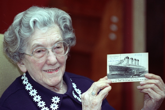 Eva hart, a survivor of the Titanic shows a postcard of the ship. The Titanic Remains