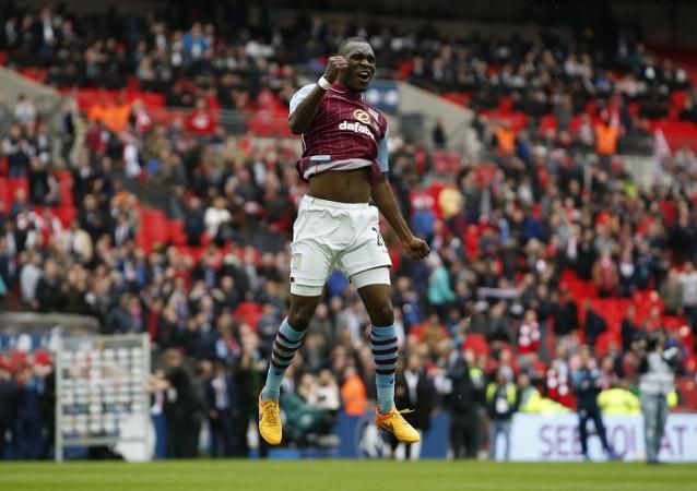 Aston Villa striker Christian Benteke celebrates after scoring against Liverpool in the FA Cup semifinal Christian Benteke Aston Villa