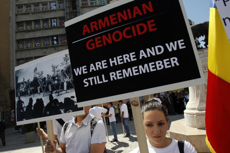 This year marks the 100th anniversary of the Armenian genocide. Above, members of an Armenian community in Romania hold banners in downtown Bucharest April 24, 2012, during a rally observing the anniversary of the beginning of the mass killings of Armenians within the Ottoman Empire. This year marks the 100th anniversary of the Armenian genocide. Above, members of an Armenian community in Romania hold banners in downtown Bucharest April 24, 2012, during a rally observing the anniversary of the beginning of the mass killings of Armenia