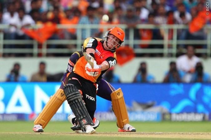 SRH skipper David Warner smashes a ball to the boundary during the IPL 2015 match against KKR David Warner SRH