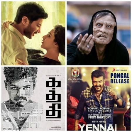A collage of 'Ok Kanmani', 'I', 'Kaththi' and 'Yennai Arindhaal'. 'Ok (Kadhal) Kanmani' Beats Vijay's 'Kaththi', Ajith's 'Yennai Arindhaal'; Loses to Vikram's 'I'