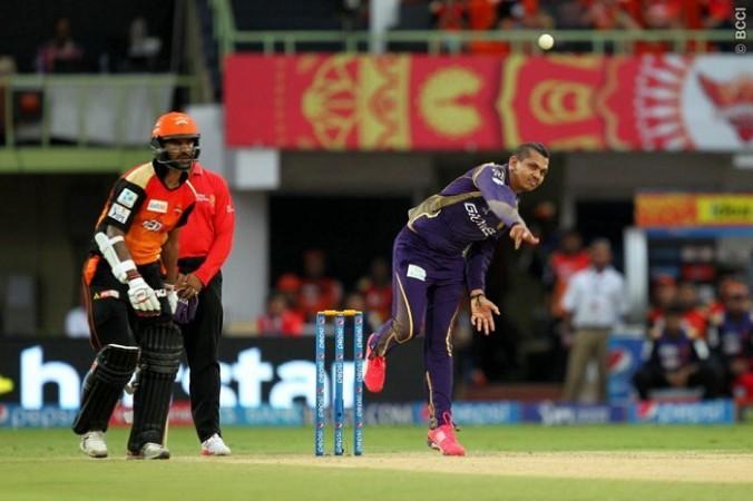 KKR spinner Sunil Narine caught the attention of the umpires during the match against SRH Sunil Narine KKR Shikhar Dhawan SRH