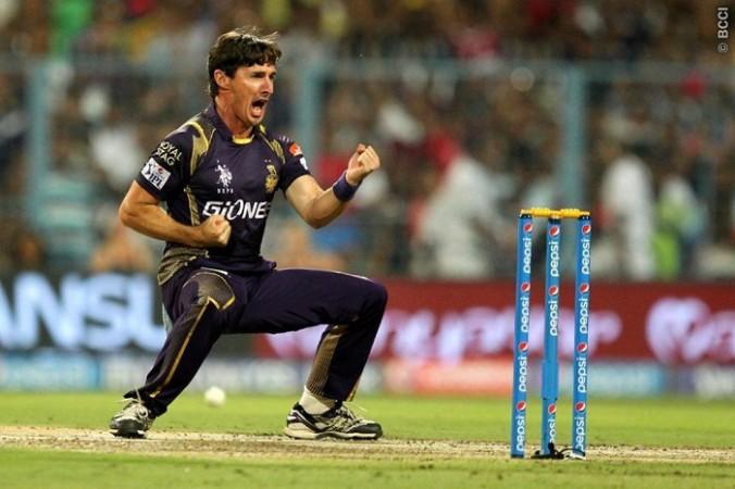KKR spinner Brad Hogg celebrates with wicket of CSK opener Brendon McCullum in their IPL 2015 match Brad Hogg KKR