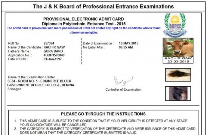 Board of Professional Entrance Examinations admit card cow