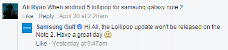 Screenshot of Samsung Gulf response on Facebook Samsung Galaxy Note II Will Not Receive Android 5.0 Lollipop OTA