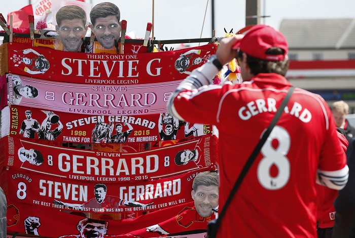 General view of Steven Gerrard merchandise for sale outside Anfield ahead of Liverpool's clash against Crystal Palace Steven Gerrard