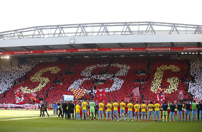 General view of players forming a guard of honour as Liverpool's Steven Gerrard comes out for his final game at Anfield Steven Gerrard's farewell