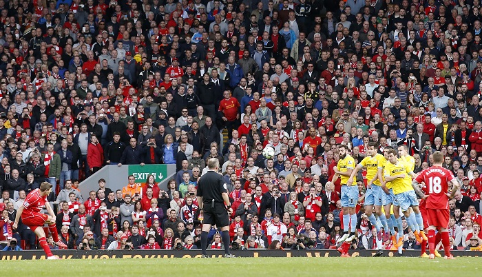 Liverpool's Steven Gerrard takes a free kick during his final game at Anfield against Crystal Palace Steven Gerrard's farewell
