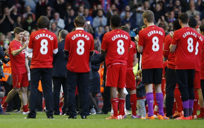 Liverpool players wear Gerrard shirts as Steven Gerrard walks onto the pitch after his final game at Anfield Steven Gerrard's farewell
