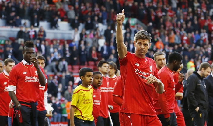 Liverpool's Steven Gerrard acknowledges the crowd as he walks on the pitch after his final game at Anfield Steven Gerrard's farewell