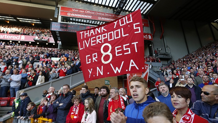 Liverpool fans hold up a banner for Steven Gerrard after his final game at Anfield Steven Gerrard's farewell