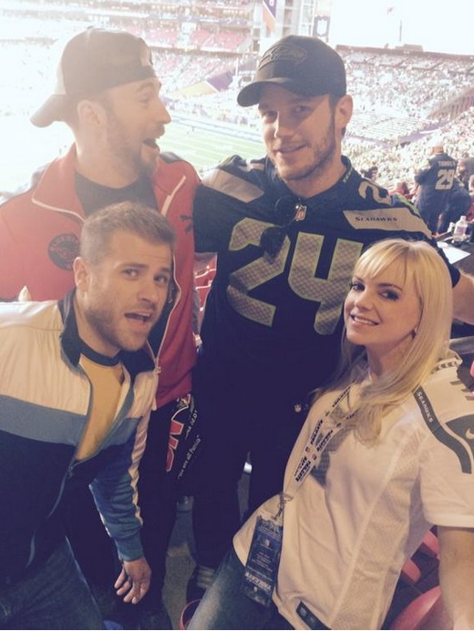 Chris Pratt and Anna Faris with Chris and Scot Evans at the Superbowl