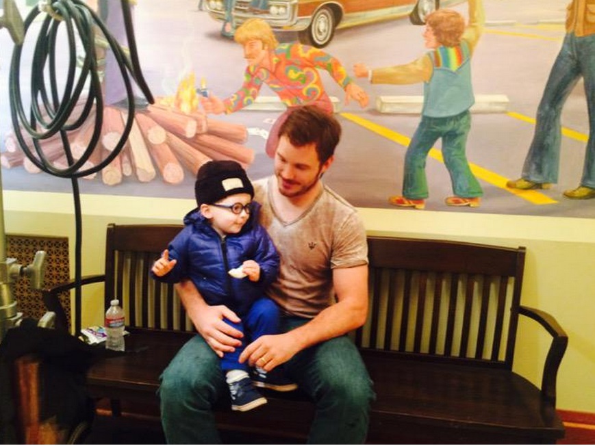 Chris Pratt on the Sets of' Parks and Recreation' with son Jack