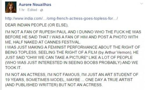 Aurore Nouailhas Facebook post against 'Kamasutra 3D' director Rupesh Paul. Aurore Nouailhas Facebook post against Rupesh Paul