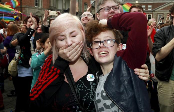 People react as Ireland voted in favour of allowing same-sex marriage in a historic referendum, in Dublin May 23, 2015