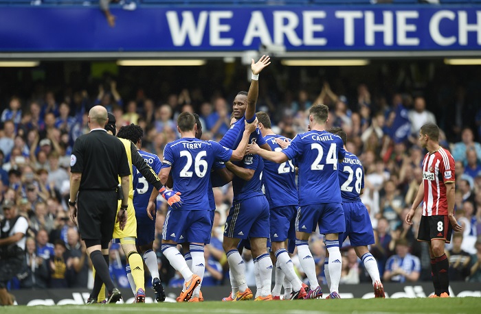 Chelsea's Didier Drogba is carried off by team mates as he is substituted Chelsea vs Sunderland