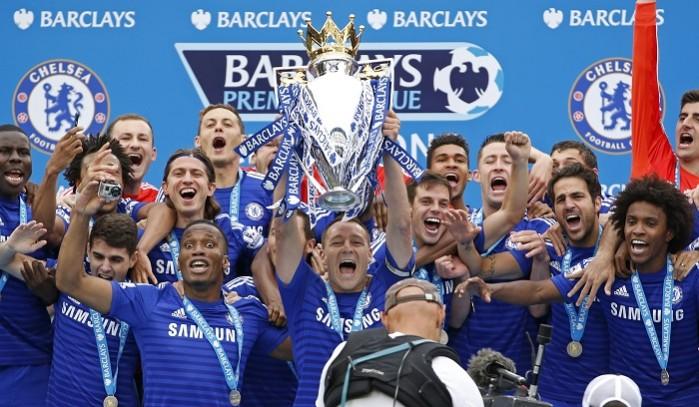 Chelsea's John Terry celebrates with the trophy and team mates after winning the Barclays Premier League Chelsea vs Sunderland