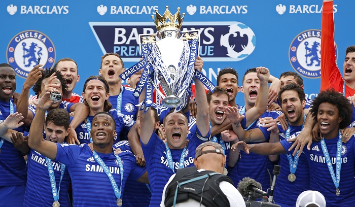 Chelsea's John Terry celebrates with the trophy and team mates after winning the Barclays Premier League Chelsea vs Sunderland