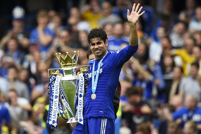 Chelsea's Diego Costa celebrates with the trophy after winning the Barclays Premier League Chelsea vs Sunderland