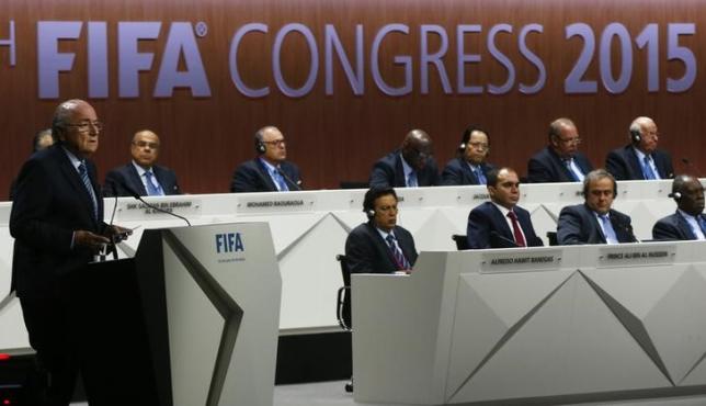 FIFA President Sepp Blatter (L) delivers an opening speech at the 65th FIFA Congress in Zurich, Switzerland, May 29, 2015.