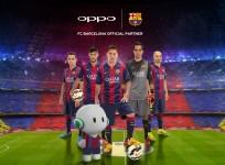 The Players of the First Team of FC Barcelona poses with the Oppo Mobile Mascot