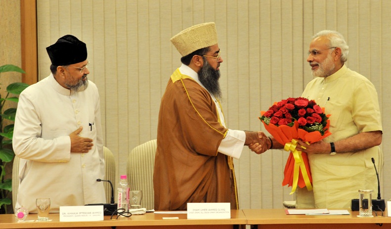 Prime Minister Narendra Modi with imam Umer Ahmed Ilyasi, chief imam of the All India Imam Organisation at a meeting on 2 June. Modi met Muslim leaders