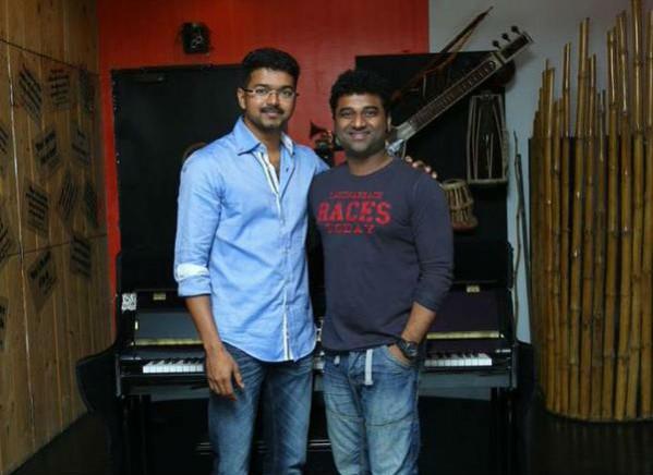 A picture of Vijay with Devi Sri Prasad. Vijay with Devi Sri Prasad
