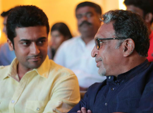 A picture of Suriya and Nasser at 'Baahubali' trailer release event. Suriya with Nasser at 'Baahubali' Trailer Launch
