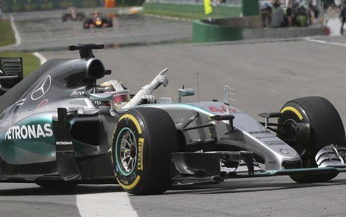 Lewis Hamilton celebrates after coming first in the Canadian Grand Prix Lewis Hamilton Mercedes Canadian GP