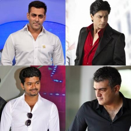 A collage of Salman Khan, Shah Rukh Khan, Vijay and Ajith. Salman Khan Stands by Shah Rukh-Aamir: Will Ajith or Vijay Ever does it?