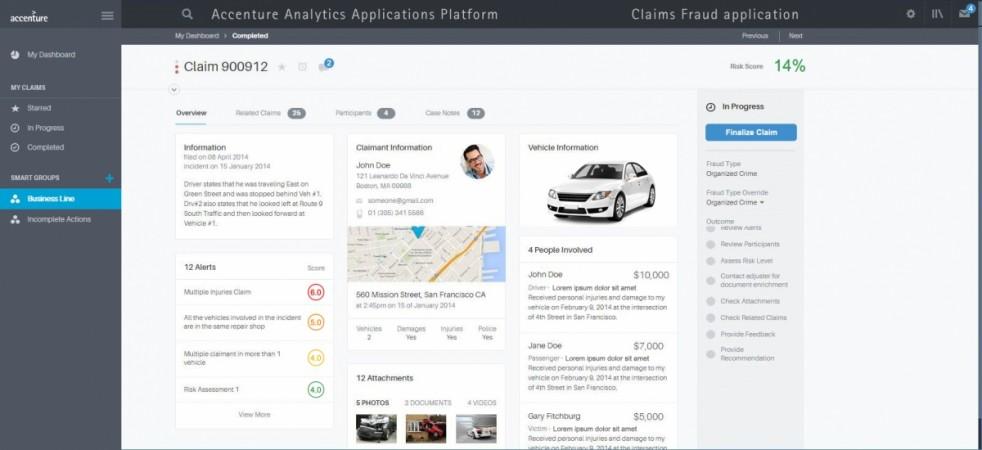 Accenture's Claims Fraud advanced analytics application dashboard. Accenture's Claims Fraud advanced analytics application dashboard