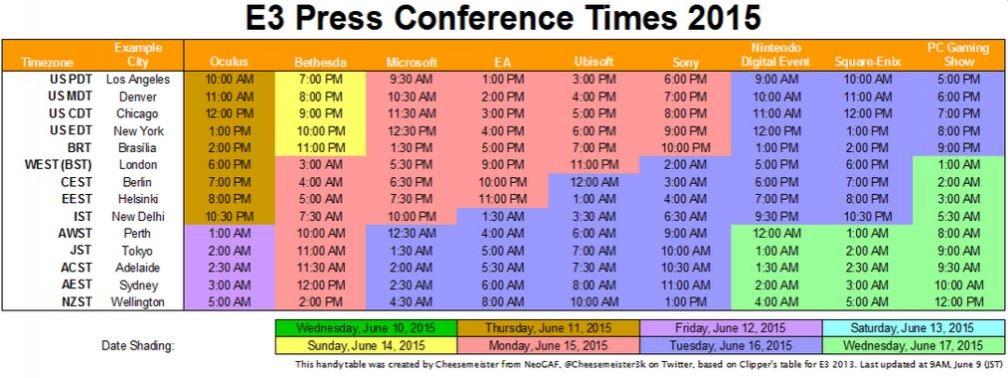 E3 2015: Press Conference Schedule E3 2015