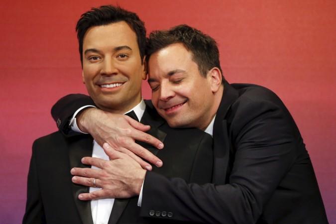 Jimmy Fallon with his wax statue Jimmy Fallon