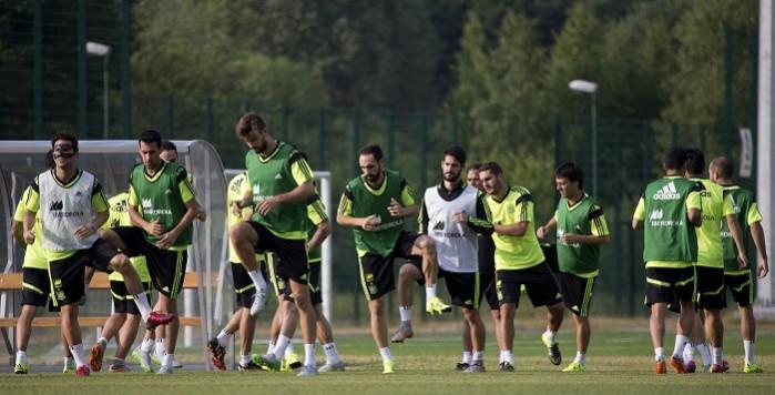 Spain players attend a practice session ahead of their Euro Qualifier match against Belarus. Spain