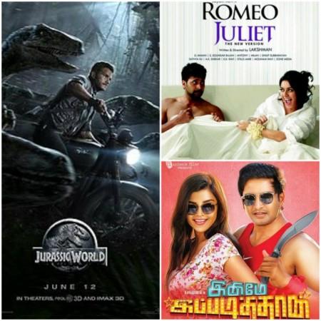 A collage of 'Jurassic World', 'Romeo Juliet' and 'Inimey Ippadithaan'. 'Jurassic World' Beats 'Romeo Juliet', 'Inimey Ippadithaan' in Chennai