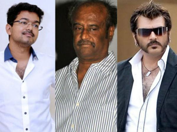 A collage of Vijay, Rajinikanth and Ajith. Vijay, Rajinikanth, Ajith