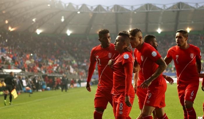 Peru players celebrate after scoring against Brazil in their first encounter of the Copa America 2015. Peru