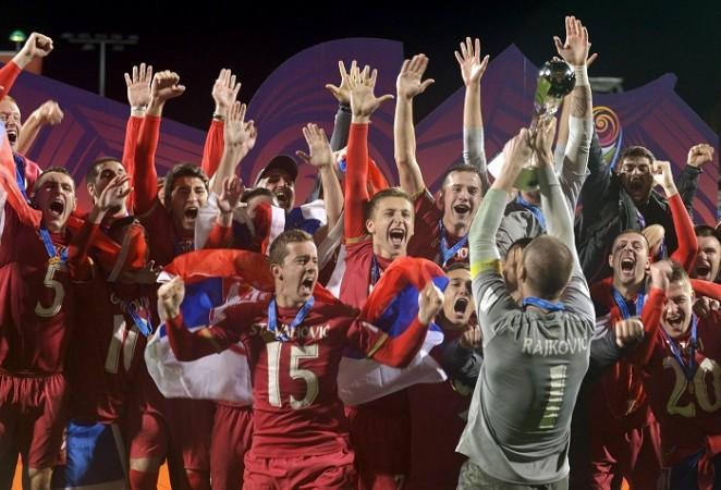 Serbia celebrate their U-20 World Cup title after defeating Brazil in the final U-20 World Cup Final Serbia Brazil Trophy