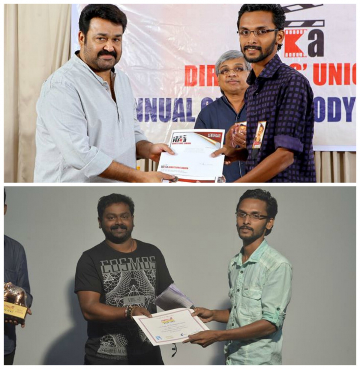 Liju Thomas receives award from Mohanlal and Saji Surendran